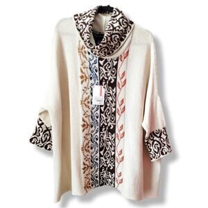 Women Peruvian Alpaca Wool Ivory Cowl Neck Tunic Sweater OS Boho Cozy Western